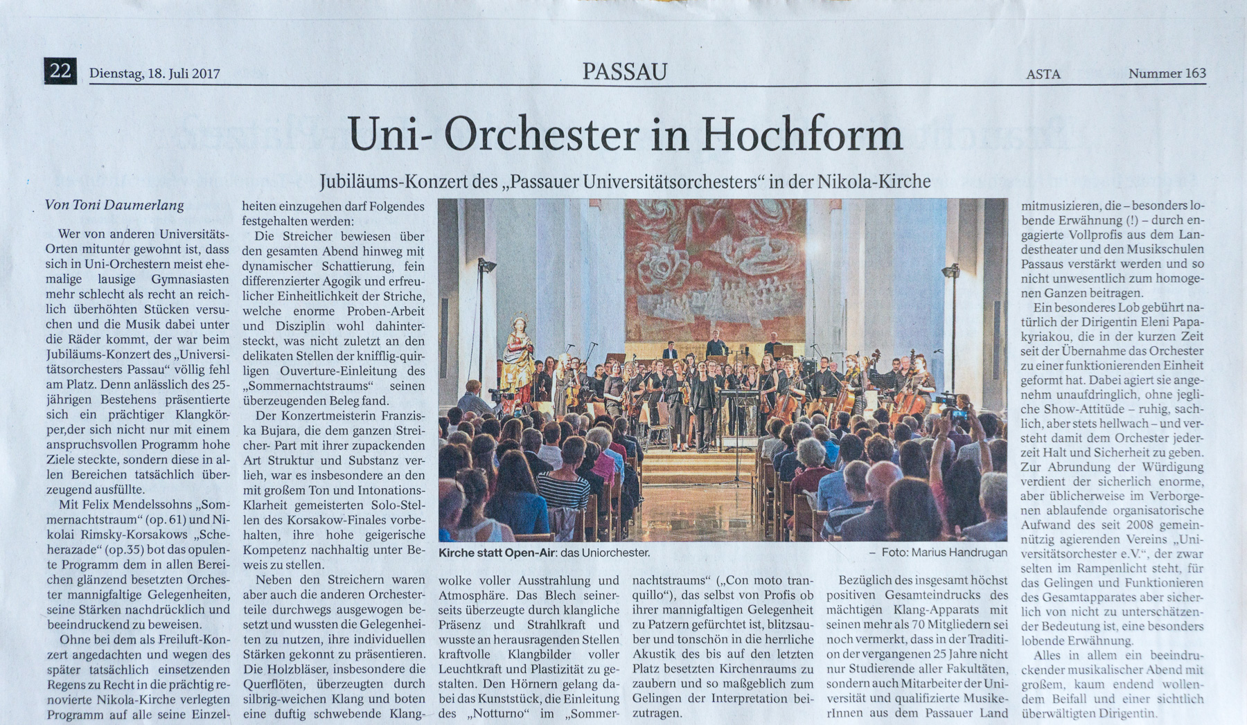 Uni-Orchester Passauer Neuen Presse PNP Handrugan