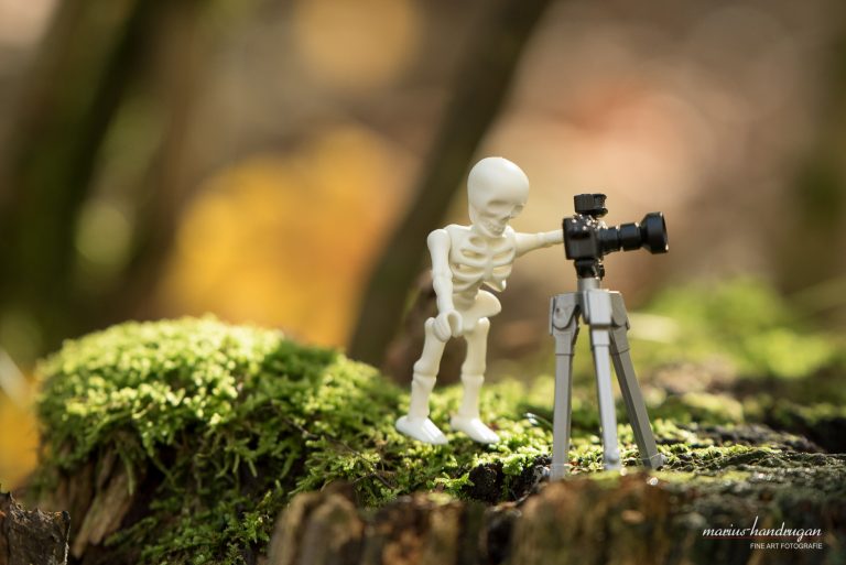 Playmobil Skelett mit Kamera im Wald