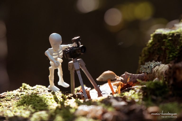 Playmobil Skelettfigur mit Kamera vor unscharfem Hintergrund im Wald